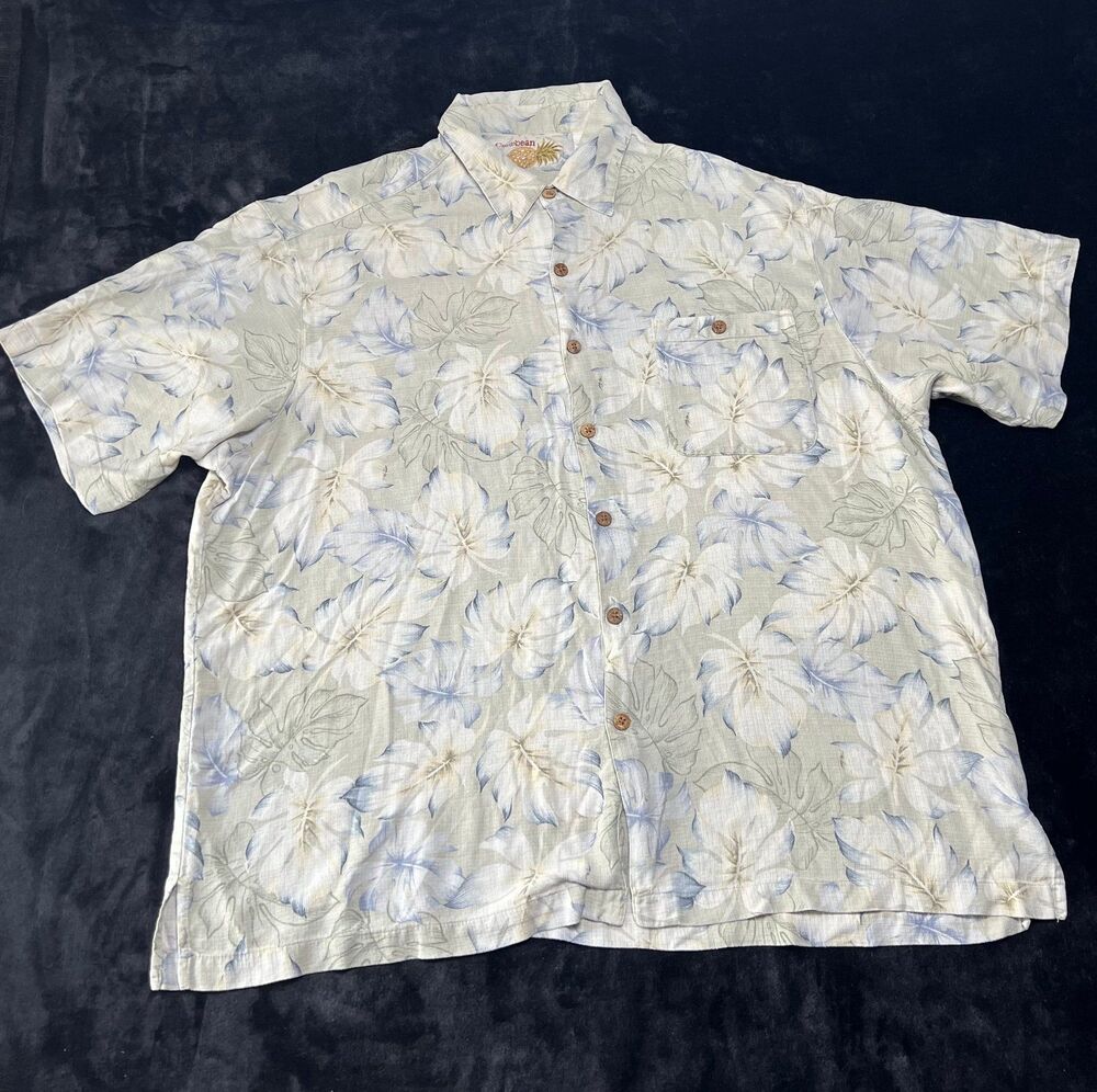 Caribbean Joe Men's Beige/Blue Floral Hawaiian Camp Shirt 100% Silk Size 2XL